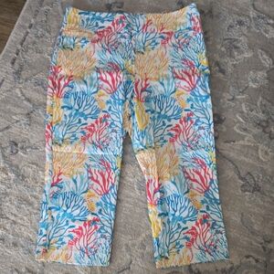 Kim Rogers Coral-Print Capris in Blue, Red, and Yellow